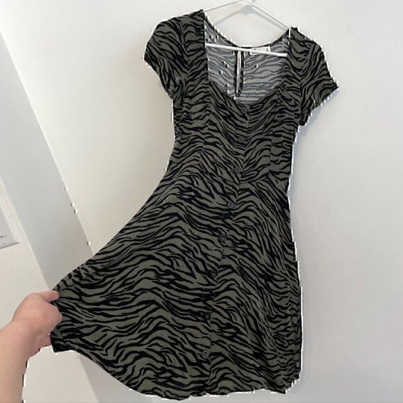 HOLLISTER Olive Green Black Zebra Animal Print Square Neck Mini Fit Flare Dress - Picture 6 of 12